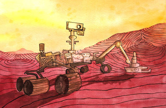 Aquarellstudie "Curiosity auf dem Mars": Marsrover auf rotem Hügelgelände, gelblich heller Himmel