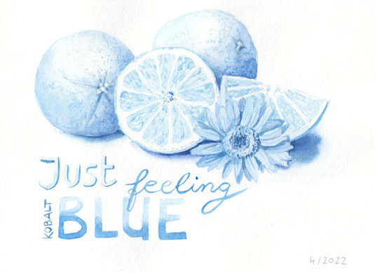 Aquarellstudie "Just feeling kobaltblue": Orangen, ganz und aufgeschnitten in Blau. Dazu eine blaue Blüte.