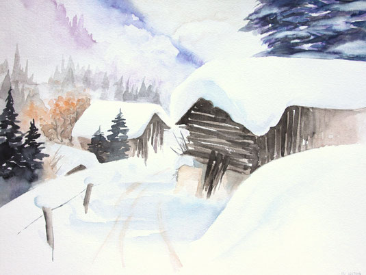 Aquarellbild "Schneelandschaft mit verschneiten Holzhütten": Holzhütten eingebettet in verschneite Landschaft, Tannen und angedeutete Berge im Hintergrund