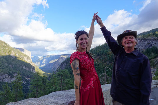Yosemite National Park, wedding, age gap relationship, happiness, red dress bride