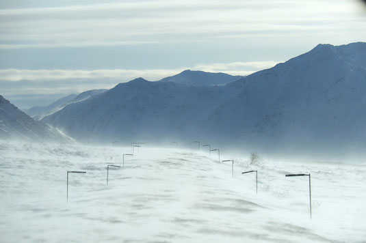 Schnee Dalton Highway im Winter, Roadtrip Alaska, Panamericana, Schneeverwehungen, Arktis, Polarkreis