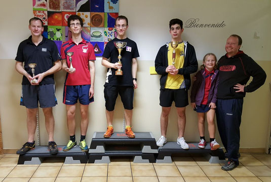 Siegerfoto Bewerb F: v.l.n.r. Felix Schallock (LENZ) / Michael Holzmann (LENZ) (beide Platz 3), Lukas Ruhedorffer (OLY) (Sieger), Raffael Bangiew (HAK) (Platz 2) mit Pia & Markus Geineder (Vereinsobmann ATUS Langenzersdorf)