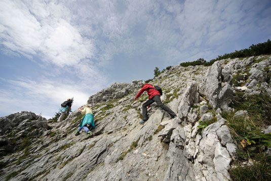 Drei Bergsteiger an einem steilen Felsen