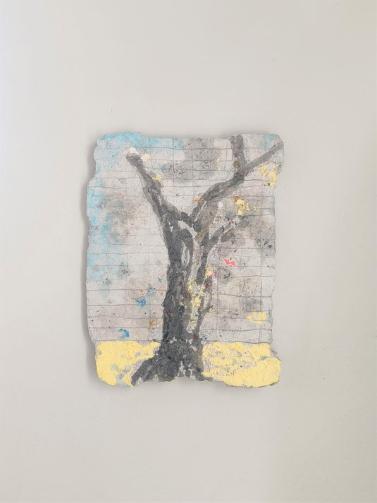 OLD APRICOT TREE. 2022, paper cast, pulp painting, pencil & ink drawing