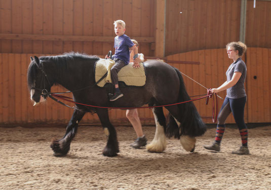 Hippotherapieeinheit, Patient mit Therapiepferd, Therapeut und Pferdeführer