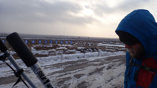 Ice beards forming on a cold day. The remnants of the Great Wall can be seen in the background.