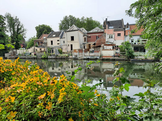 Alte Häuser mit kleinen Gärten stehen an einem Fluss. Im Vordergrund blühen Blumen.