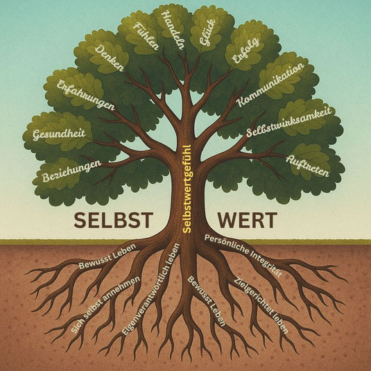 Baum des Selbstwertgefühls mit den 6 Säulen nach Branden als Wurzeln: Bewusst leben, Selbstannahme, Integrität,Eigenverantwortung,zielgerichtet leben, bewusst leben. Die Äste stellen die Auswirkung dar: Beziehungen, Kommunikation, Selbstwirksamkeit