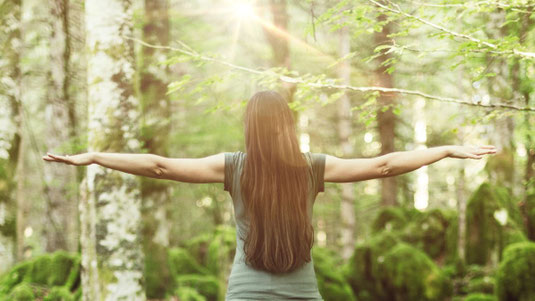 Frau in Balance von hinten im Wald zu sehen