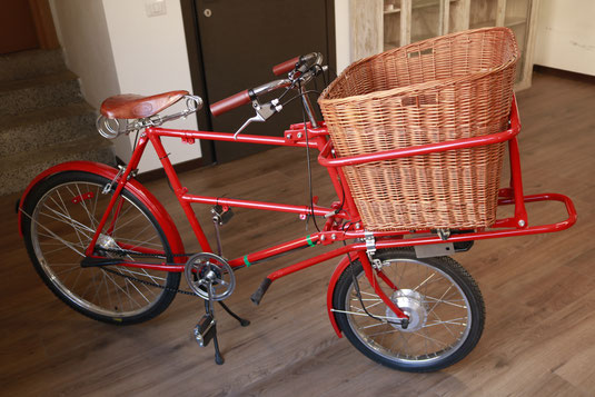 CARGO BIKE MOD. LOW GRAVITY RED, MOTORIZZATA ARTIGIANALMENTE CON MOTORE BAFANG DA 250 WATT