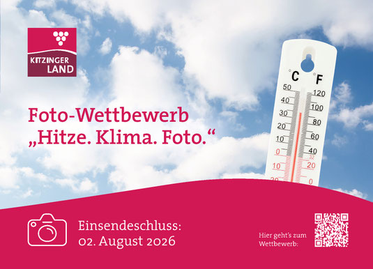 Postkarte zum Fotowettbewerb mit Symbolbild zur Sommerhitze und QR-Code zum Wettbewerb. Einsendeschluss ist der 02. August 2026.