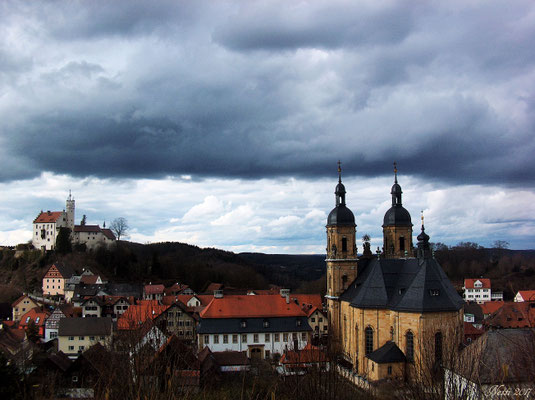 Gößweinstein, Basilika, Burg, Fränkische Schweiz, Oberfranken, Franken, Bayern, Sturm, Wolken, Himmel, Ort, Dorf, Markt, Stadt