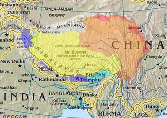 carte du Tibet (en jaune)