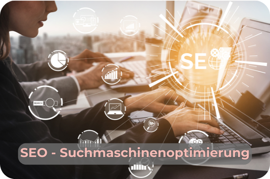 Symbolbild für SEO-Dienstleistungen: Zwei Personen arbeiten an Laptops, umgeben von digitalen Icons für Datenanalyse, Ranking und Online-Marketing – im Fokus steht das Thema Suchmaschinenoptimierung. Text „SEO – Suchmaschinenoptimierung“ im Bild.