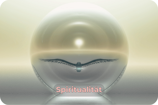Symbolisches Bild für Spiritualität: Eine lichtdurchflutete Glaskugel mit einer fliegenden Möwe in meditativer Stimmung – visuelle Darstellung innerer Freiheit, Licht und Bewusstsein, Text „Spiritualität“ im Bild.