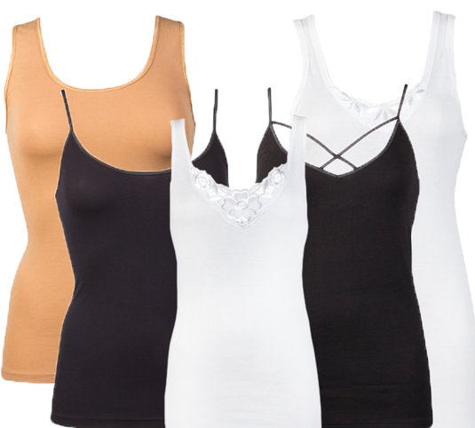 Beeren Bodywear dames hemden. Brede band, spaghettiband, met kant, met elastiek, wit, zwart en huid