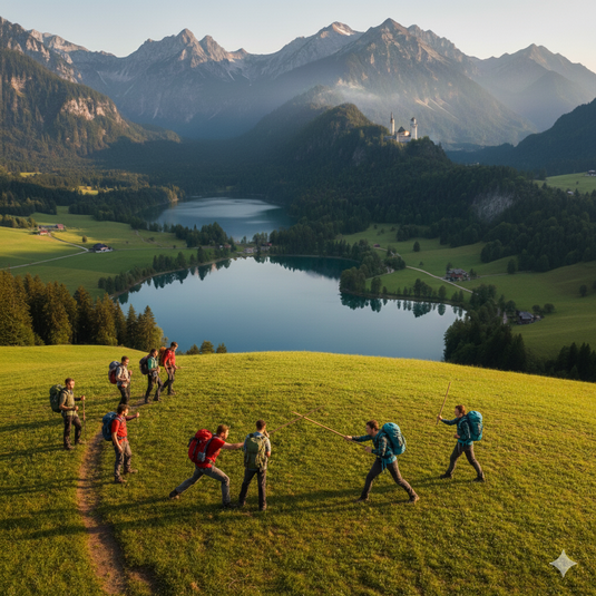 Wandernde und stabfechtende Seminargruppe in der Berglandschaft des Allgäus mit Seen, Wiesen und Bergen – Achtsamkeit und Bewegung in der Natur