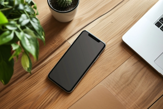 ノートパソコンの前に置かれたスマートフォン。グリーンの鉢植。サボテンの鉢。