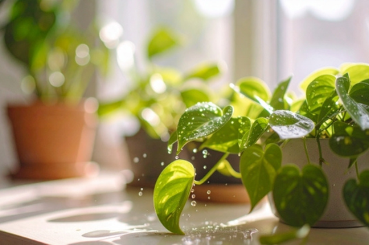 オフィスの窓辺に並べられたグリーンの鉢植たち。