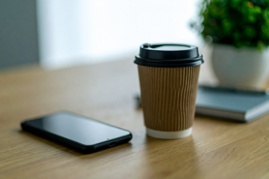 デスクに置かれたスマホ、テイクアウトコーヒー、手帳、グリーンの鉢植。