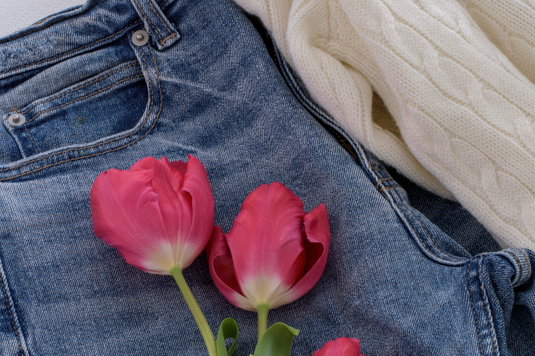 デニムパンツと白色のセーター。ピンク色のチューリップの花。