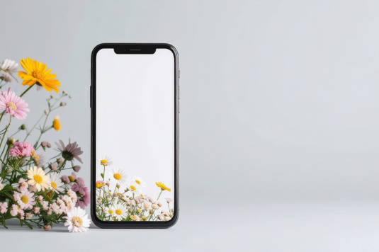マーガレットの花を待ち受け画面にしたスマートフォン。傍らにガーベラの花たち。