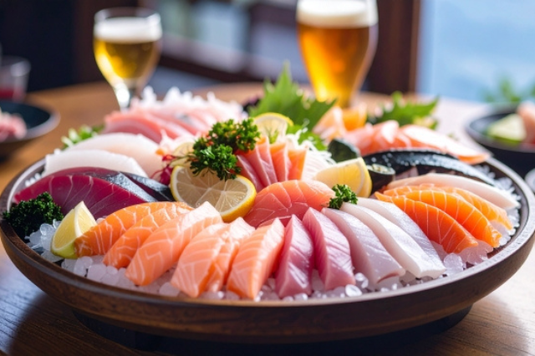 居酒屋のテーブル。刺身の盛り合わせの大皿。ビールのグラス。接待飲食。
