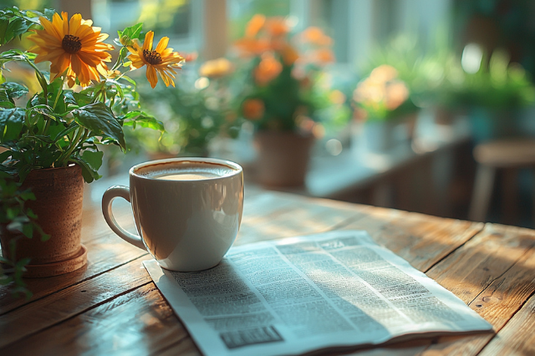 テーブルに置かれた新聞とコーヒーカップ。グリーンと花の鉢植が飾られている。