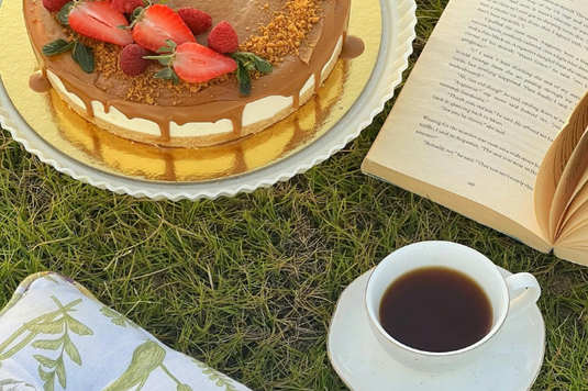 芝生に広げられた本、コーヒーのはいったカップ＆ソーサ、クッション。ホールサイズのチョコレートケーキのお皿。イチゴがトッピングされている。