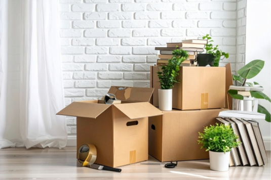 部屋に積まれた段ボール箱と本、グリーンの鉢植。転勤のため引っ越し作業。