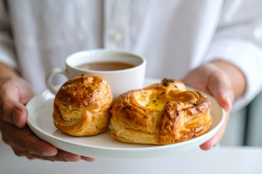 デニッシュパンとコーヒーのマグカップがのったお皿を両手で持つ白シャツ姿の男性。