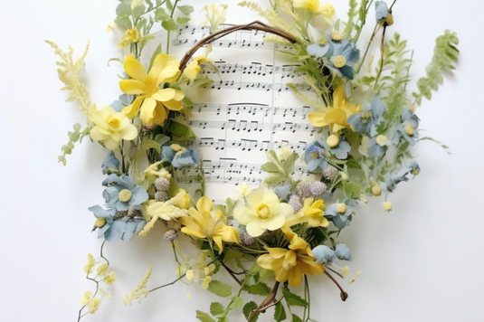 楽譜の上に置かれたパステルカラーの花のリース。