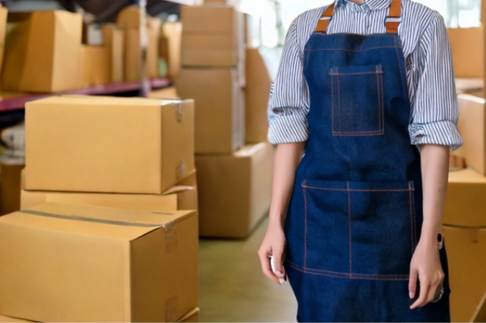 お店のバックヤードで働くエプロン姿の女性。パート社員。