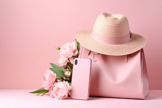 ピンク色のトートバッグのうえに置かれたストローハット。傍らにピンク色のスマートフォンとバラの花。