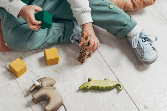 積み木のブロックと木製のきりんのおもちゃを手に取り遊ぶ幼児。恐竜とぞうのおもちゃが床に寝そべっている。