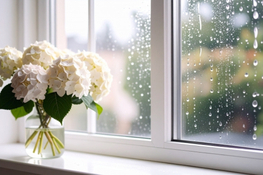 オフィスの窓辺。アジサイの花が飾られている。窓の外は大雨。