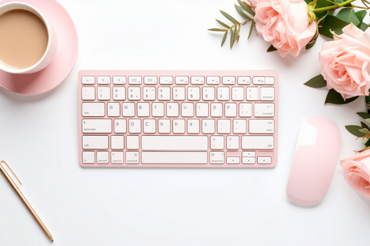 ピンク色のキーボード、マウス、ボールペン。コーヒーの入ったカップ＆ソーサ。ピンク色のバラの花。