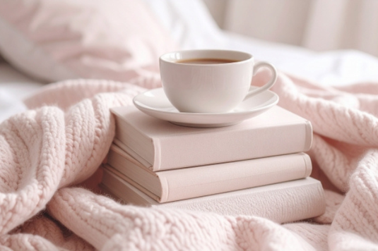 ベッドリネンのうえにケーブル編みのひざ掛け。積まれた本のうえにコーヒーの入ったカップ&ソーサ。