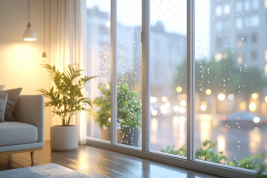 自宅のリビングルーム。窓の外は大雨。