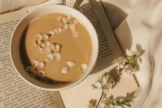 ページが開かれた本の上に置かれたコーヒーのマグカップと桜の小枝。マグカップに桜の花びらが浮かんでいる。