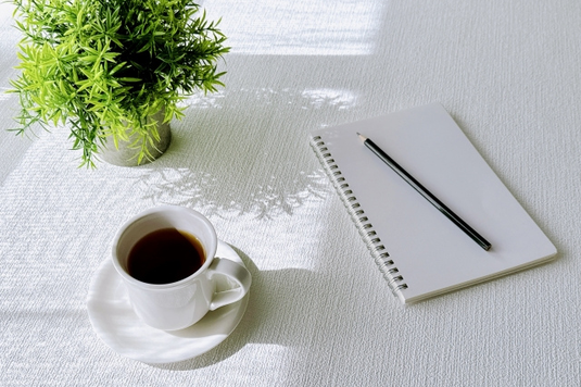 テーブルに飾られたグリーンの鉢植。コーヒーの入ったカップ＆ソーサ。リングノートと鉛筆。