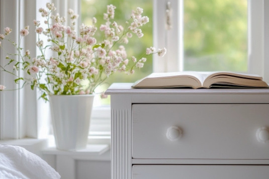 窓辺が明るいベッドルーム。窓辺に飾られた小花の鉢植。チェストのうえに広げられた本。