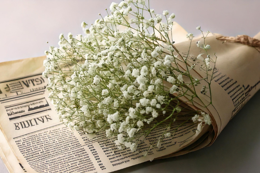 新聞でラッピングされたカスミソウの花束。