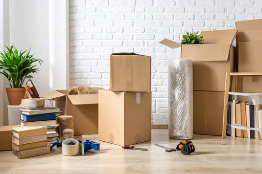 荷造りの段ボールが積みあがった部屋。紐でまとめられた本。観葉植物。転勤で引っ越し。