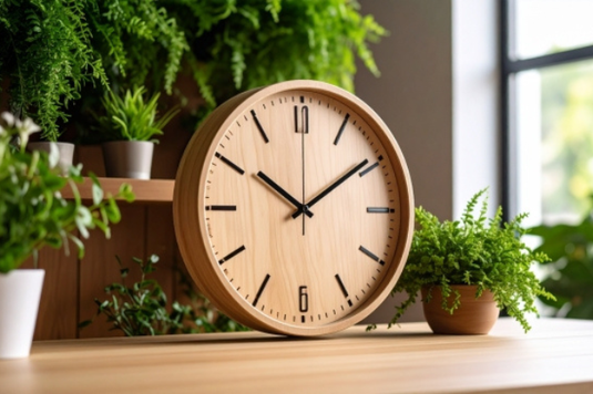 オフィスのテーブルに置かれた円形の時計。傍らにグリーンの鉢植が飾られてる。