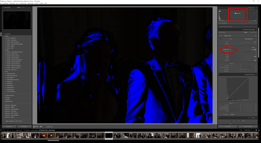 Schiebt man den Regler im Histogramm, der im Lightroom für Belichtung verantwortlich ist, nach links - so wird die Belichtung reduziert. Zu starke und falsch eingestellte Belichtung und dunkle Flächen werden sichtbar. Wie man diese Flächen sichtbar macht