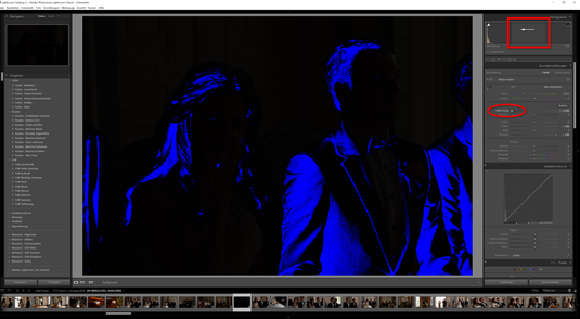 Schiebt man den Regler im Histogramm, der im Lightroom für Belichtung verantwortlich ist, nach links - so wird die Belichtung reduziert.  Zu starke und falsch eingestellte Belichtung und dunkle Flächen werden sichtbar. Wie man diese Flächen sichtbar macht