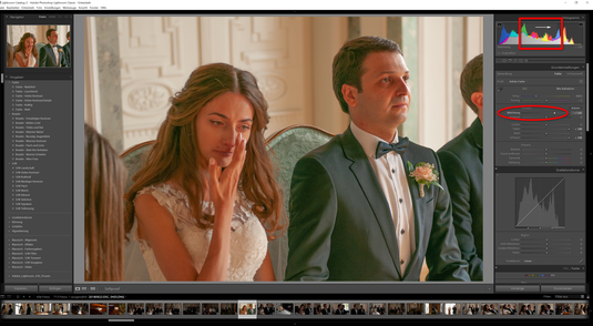 Schiebt man den Regler im Histogramm, der im Lightroom für Belichtung verantwortlich ist, nach rechts - so wird die Belichtung hinzugefügt, es wird also heller.  Zu starke und falsch eingestellte Tiefen und dunkle Flächen werden sichtbar. Wie man diese Fl
