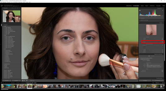 Setzt man den Regler, der für im Lightroom das Maskieren verantwortlich ist auf 80% oder mehr, so sieht das Bild schon etwas anders aus. Die kleinen Härchen im Gesicht werden übersehen, weil darauf nicht akzentuiert wird.