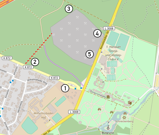 Open Street Maps Karte, ergänzt mit Trasse und Fotostandorten